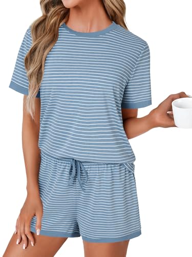 Image of LYANER Pajama Set for Women 2 Piece Lounge Set Striped Crew neck Short Sleeve Tops and Shorts Soft Sleepwear