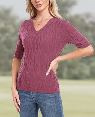 Image of MINTLIMIT Womens Short Sleeve Sweater Summer Pullover Shirt Tops Texture V Neck Casual Knit Tees Tops