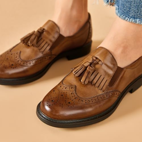 Image of BEAU TODAY Tassel Loafers for Women,Leather Brogue Dress Shoes,Wingtips Oxford for Women,Breathable Comfortable Slip-on Lace-up Handmade Flat Shoes for Business Work