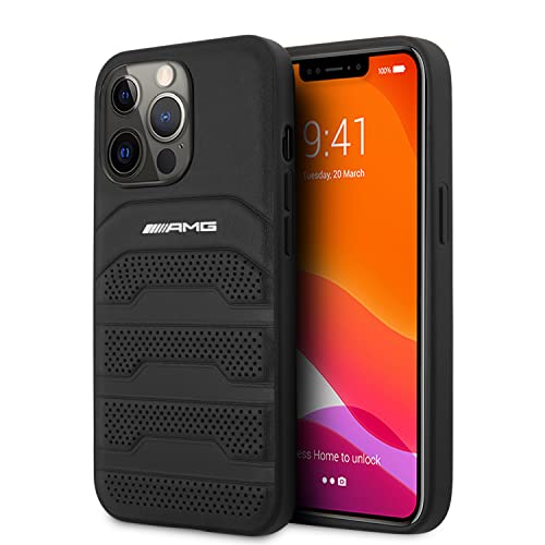 AMG AMHCP14XGSEBK Coque pour iPhone 14 Pro Max 6,7" Noir/Noir Étui rigide en cuir Lignes gaufrées