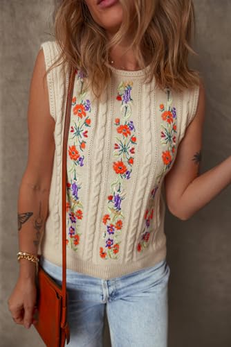 Melliflo Embroidered Floral Sweater Vest for Women Cable Knit Sleeveless Sweater Crewneck Elegance Sweater Tops4