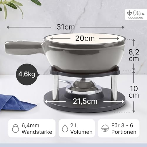 Ottia Fondue Set für 2, 3, 4, 5, 6 Personen aus Gusseisen & Emaille. Als Käsefondue, Fleischfondue, Schokofondue. Induktion geeignet, Schadstofffrei, mit Brenner+Gabeln+Rezeptbuch, Fondü-Set aus HH