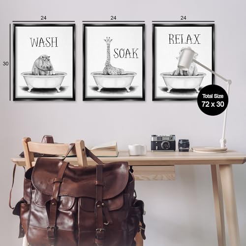 Image of Jungle Animals Bathroom Signage, 24 x 30 Inch Canvas in Floater Frame Set | Stupell Industries . By Rachel Nieman . Ready to hang . Great for bath and laundry . Made in USA