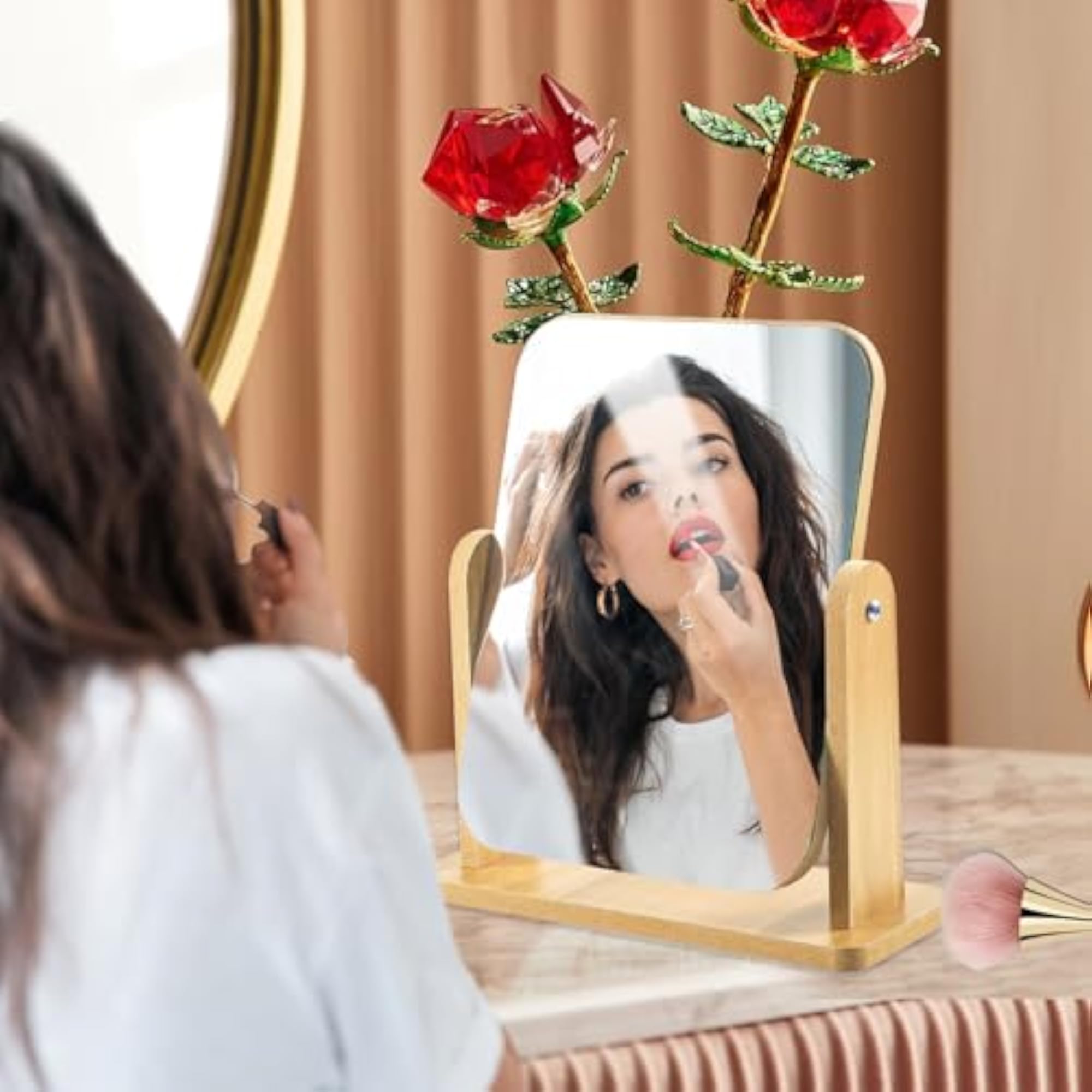 360 Degree Rotation Makeup Mirror Standing Wooden Table Mirror