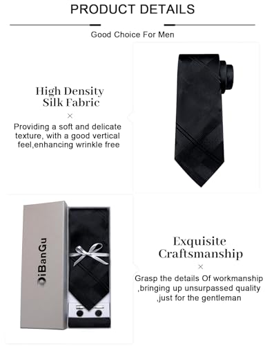 Image of DiBanGu Plaid Ties for Men Silk Checkered Necktie and Pocket Square Cufflinks Tie Clip Set with Gift Box for Wedding Business