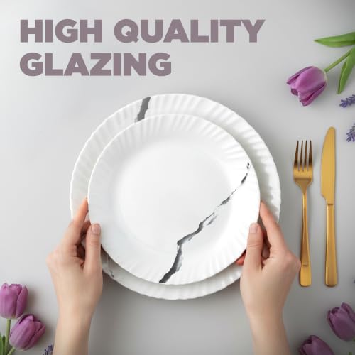 Image of Treo by Milton Opalware Aurelia Stria Dinner Set of 35 | Serving for 6 | Microwave & Dishwasher Safe | Bone-Ash Free | Tempered Toughness | Plates, Bowls, Spoons | Crockery Set for Dining & Gifting