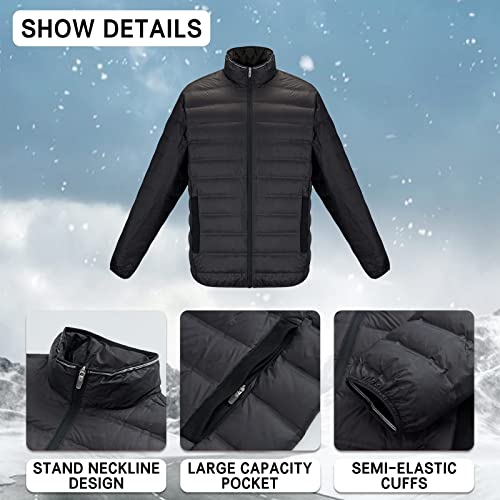Image of Mens Thin Puffer Coat With Pocket Portable Standing Collar Duck Down Winter Coat Lightweight Windproof Heat Retaining (Navy, X-Large)
