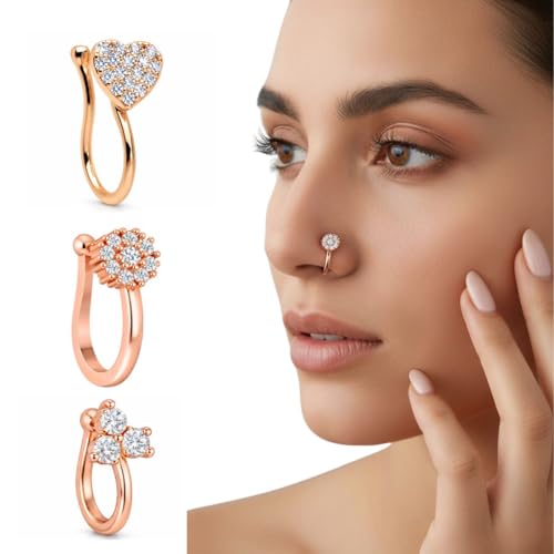 Image of Nilu's Collection Rose Gold American Diamond Non Piercing Nose Pin for Women | Elegant Flower Nose Stud | Minimal Clip-On Nose pin | Anti-Allergy | Anti-Tarnish | Office Wear | Daily Wear | office Wear | Non Piercing