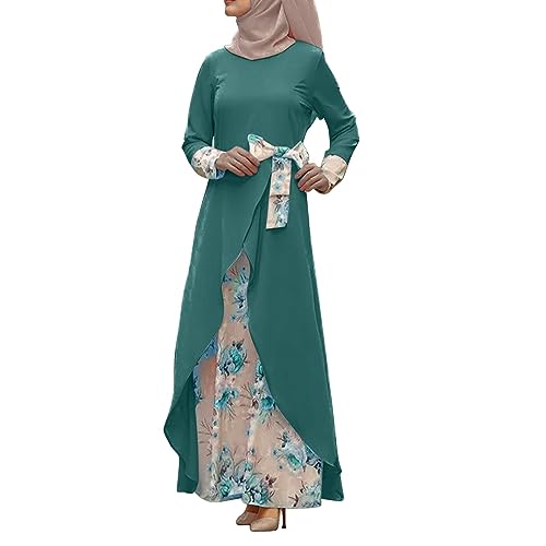 Robe musulmane manches longues fluide et opaque à motifs floraux verts