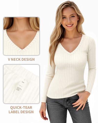 MANGOPOP Women's V Neck Shirt Long Sleeve Slim Fit Sweater Ribbed Pullover Shirts Fall Winter Fashion Outfits4