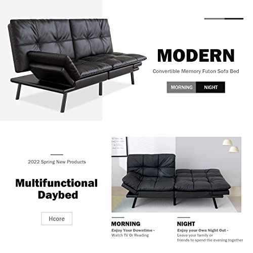 Hcore Convertible Futon Sofa Bed,Black Leather Memory Foam Loveseat Futons Sofa Couch,Small Euro Lounger Sofa For Compact Living Spaces,Apartment,Dorm,Studio,Guest Room,Home Office/Dark Black Leather #TOP3