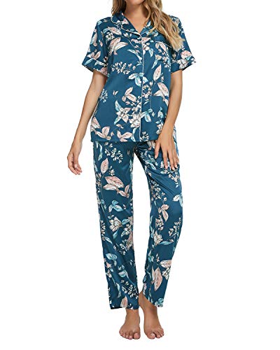 GOSO Sleepwear Loungewear for Women Satin, Womens Silk Satin Pajamas Set Button Down Sleepwear Loungewear Short Sleeves Top with Pants Pajama Set