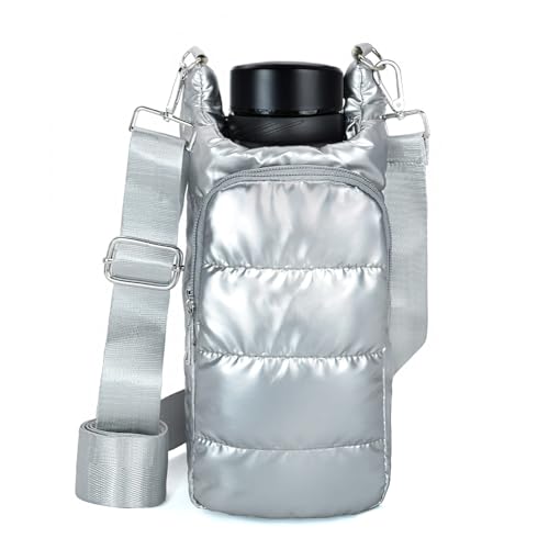 Image of KAMEILONG Puffer Water Bottle Holder Quilted Sports Pouch Bag with Adjustable Shoulder Strap Flask Sling Bag