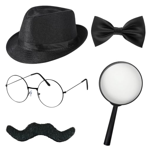 AIWXEEU Accesorios de Disfraz de Detective, Detectives Accesorios, Ropa de Detective con Sombrero Gafas Bigote Falso Lupa Pajarita para Cosplay