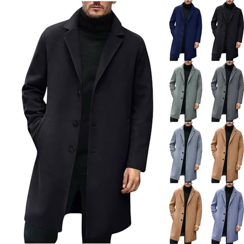 Mens Wool Blend Pea Coats Single Breasted Overcoat Notched Collar Winter Trench Coat Casual Business Long Coat men's winter fashion Black 2XL