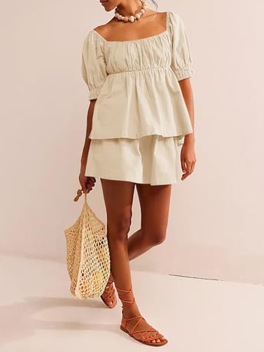 Image of Tankaneo Womens 2 Piece Outfits Summer Square Neck Short Puff Sleeve Babydoll Tops and Shorts Matching Set
