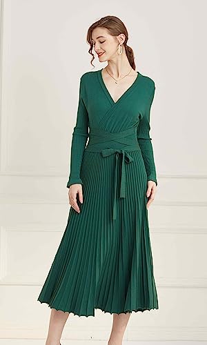 Image of Women's Long Sleeve Sweater Dress Ankle Length Fall Dress Vneck Knit Winter Dress