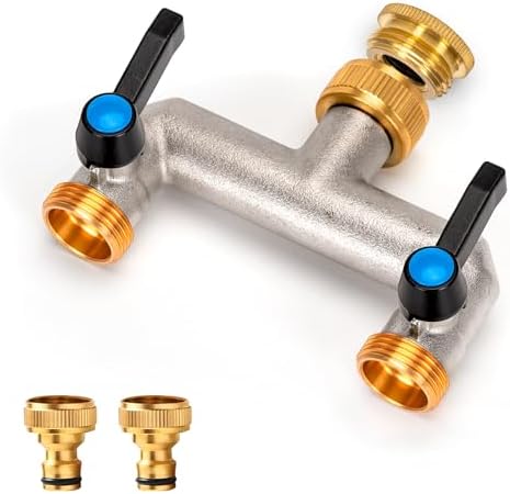 Wasserverteiler 2 Wege, Messing Wasseranschluss Verteiler, Verlängerter Griff 3/4 Zoll Adapter mit 2 Stück 3/4 Zoll auf 1/2 Zoll Hahnanschluss für Haus, Hof/Waschmaschine