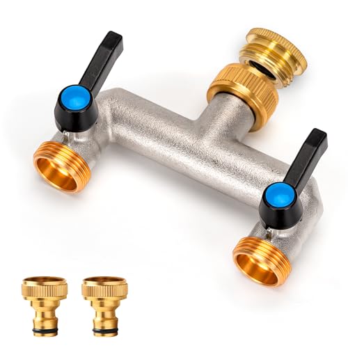 Wasserverteiler 2 Wege, Messing Wasseranschluss Verteiler, Verlängerter Griff 3/4 Zoll Adapter mit 2 Stück 3/4 Zoll auf 1/2 Zoll Hahnanschluss für Haus, Hof/Waschmaschine