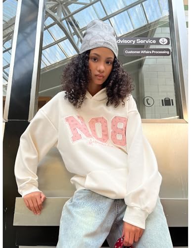 Aelfric Eden Womens Oversized Graphic Hoodies Y2k Flower Embroidery Number Print Pullover Hooded Sweatshirt Unisex Apricot X-Small - image 2