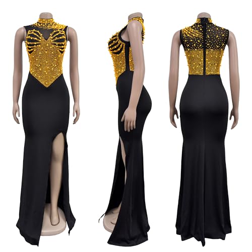 Image of Jigfar Women Sexy Elegant Rhinestone Mesh See Through Party Club Night Split Bodycon Formal Maxi Dress