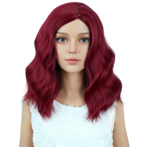 Image of PATTNIUM Wine Red Wig for Kids Girls Short Wine Red Wigs Side Part Shoulder Length Wavy Heat Resistant Synthetic Wig