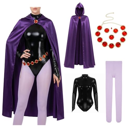 QAQ-COSPLAY Raven Costume for Women, Purple Cape, Bodysuit, Belt, Tights | Raven costume set with purple satin cape, gem belt waist chain, black bodysuit and footed tights for Halloween Dress Up
