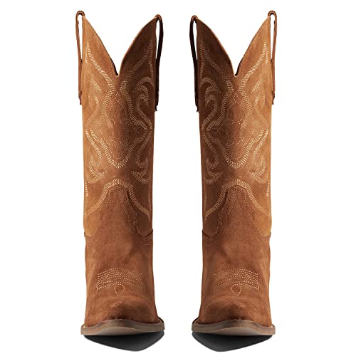 Image of LEHOOR Cowboy Boots Women Embroidered Mid Calf Western Boots Stacked Low Heel Pointed Toe Pull On Cowgirl Boot 4-11 M US