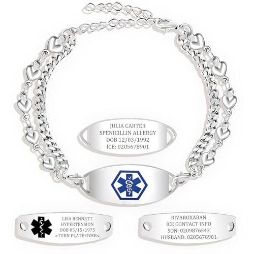MOTICIUS Personalized Medical Alert Bracelets for Women Custom Medical Bracelets Stainless Steel Free Engraving Personalized Medic ID Bracelet Wristband for Women Autism Diabetic Epilepsy Asthma