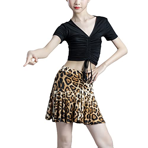 Latin Dance Dress for Girls V-Neck Short Sleeves Top and Leopard Print Skirt Ballroom Dancing Outfit (8-9 Years)