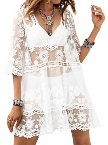 Image of Eomenie Women's Contrast Lace Bathing Suit Cover Up V-Neck Swimsuit Coverups Loose Swimwear Beach Dress Beachwear