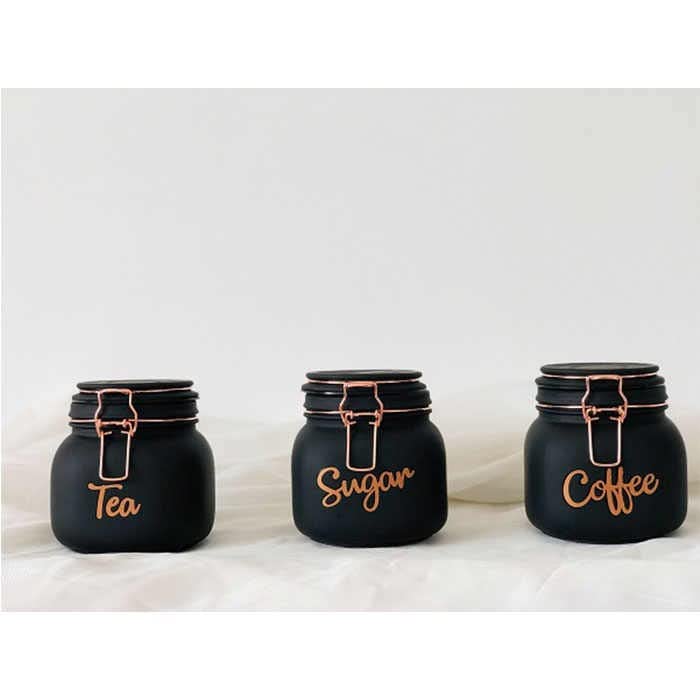 Image of DC Green Kivi PACK OF 3 ,Black Color Glass containers ,Tea, Coffee & Sugar printed on it ,Capacity 800 ml With Air Tight Cap