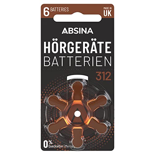 ABSINA Hörgerätebatterien 312 6 Stück mit gut greifbarer Schutzfolie - Batterien für Hörgeräte...