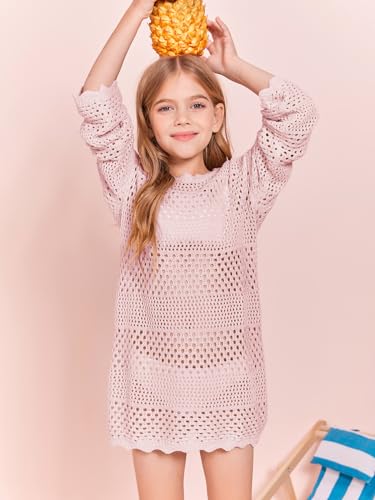 Image of Batermoon Girls Crochet Long Sleeve Swimsuit Cover Up Kids Fashion Hollow Out Swimwear Beach Dress 5-14 Years