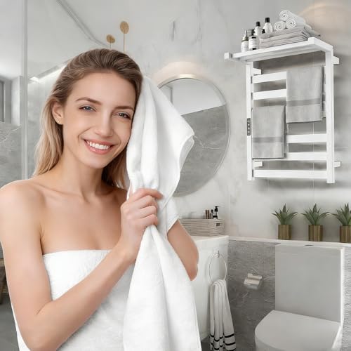 Elektryczny wieszak na ręczniki, 10-barowy grzejnik łazienkowy z timerem i wielopoziomową regulacją temperatury, do domowych łazienek, salonów i spa (White)