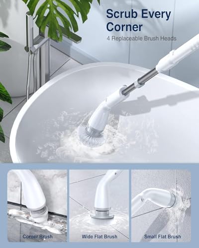 LABIGO Electric Spin Scrubber LA1 Pro, Cordless Spin Scrubber with 4 Brush Heads and Adjustable Extension Handle, Power Cleaning Brush for Bathroom