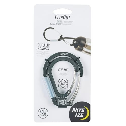 Nite Ize FlipOut Dual Carabiner - Cast Aluminum Double Carabiner - 360-Degree Swivel & Folding Body - Perfect for Camping & Hiking - for Tools & Household Items - Working Load Limit of 40 lbs