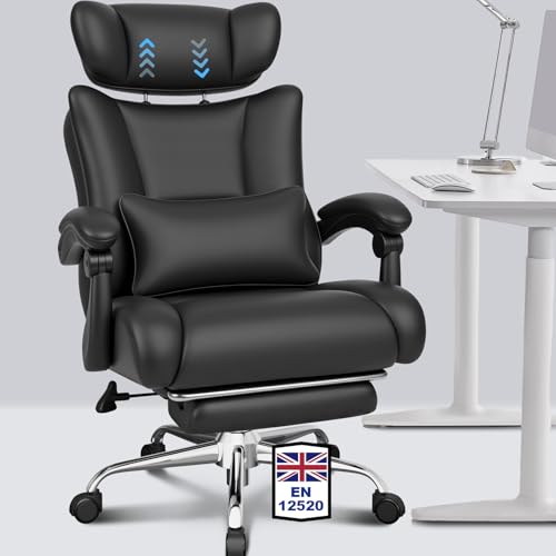 BASETBL Heavy Duty Office Chair, Big and Tall 440lbs 200kg Executive Computer Chair, 60cm Extra Wide Spring Seat Ergonomic Desk Chairs with Adjustable Headrest, Footrest & Lumbar Support, Black