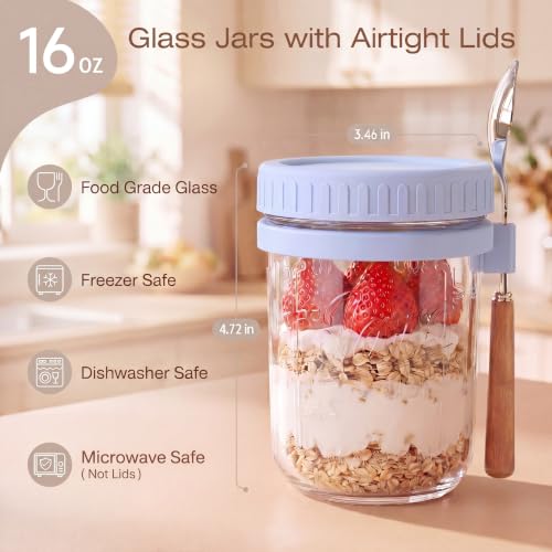 Image of 16oz Glass Overnight Oats Containers with Lids and Spoons, 4 Pack Blue