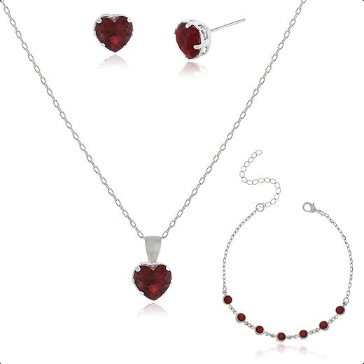 Kit Semijoia Banhado Prata 925 com Pulseira, Colar e Brinco Coração Vermelho
