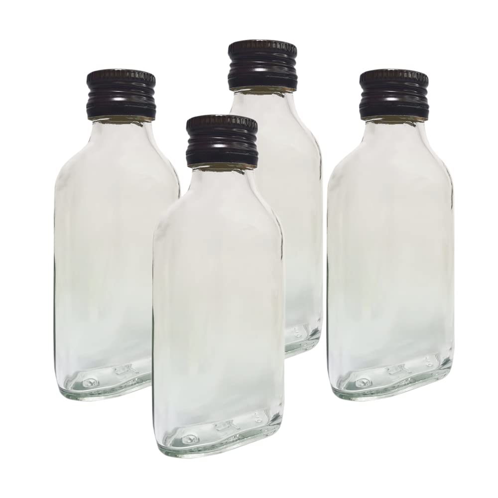 DIAH DO IT AT HOME 10x 100ml Clear Glass Pocket Flask Bottles + Brown Airtight Screw Caps - Small Leakproof Liquor Bottles for DIY Filling, Spirits, Party Favors & Homemade Liquids
