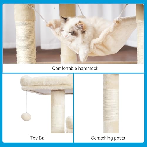 Image of Hey-brother Large Multi-Level Cat Tree Condo Furniture with Sisal-Covered Scratching Posts, 2 Bigger Plush Condos, Perch Hammock for Kittens, Cats and Pets Beige MPJ020M