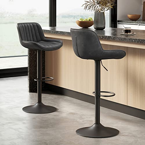 Volans Bar Stools Set Of 2, Mid Century Modern Faux Leather Swivel Barstools Adjustable Height, Counter Height Pub Bar Chair With Back, Black Powder Coated Base, Black Brown #TOP4