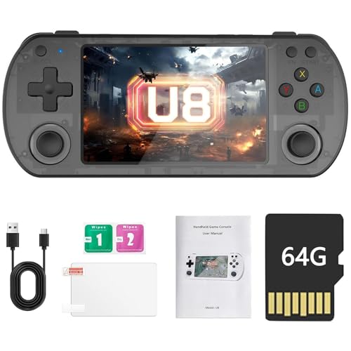 Consola De Juegos Portátil U8 Retro-Consola De Juegos Portátil con Pantalla IPS De 4,0 Pulgadas, 15000 Juegos, Batería De 3500mAh, Admite 20 Emuladores Y Tarjetas TF Duales-Black||64G