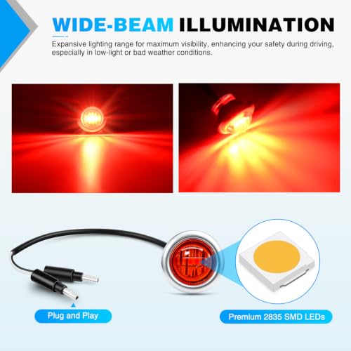 Image of Nilight 3 /4 inch Round Marker Lights 10PCS Red with 304 Stainless Steel Bezel | Side Bullet Clearance Light with IP68 Waterproof Hardwired 2 Wire Connectors and Bright LED for 12V Trailer Truck Camper Boat