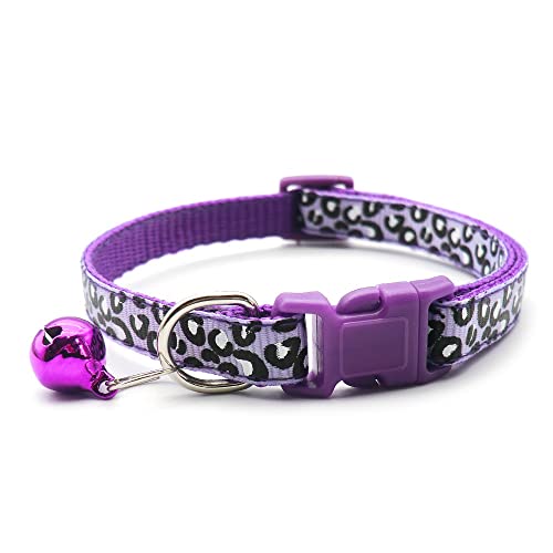 Small Dog Puppy Pet Collar Leopard Animal Print Design with Bell Nylon Adjustable Size 19-32cm Purple - Image 2