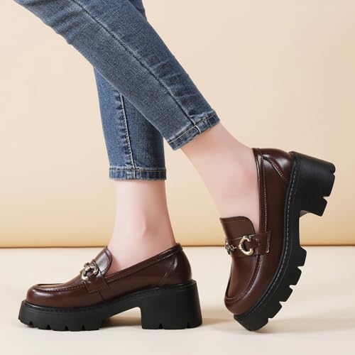 Image of Chunky Loafers Women Shoes Platform Loafers Womens Loafer Heel | Comfortable Penny Lightweight Metal Buckle Work Office Dress Business Casual Formal Ladies Women's Slip-Ons
