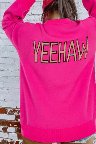 Women's Rose Red Yeehaw Cowboy Hat Drop Shoulder Oversized Sweater2