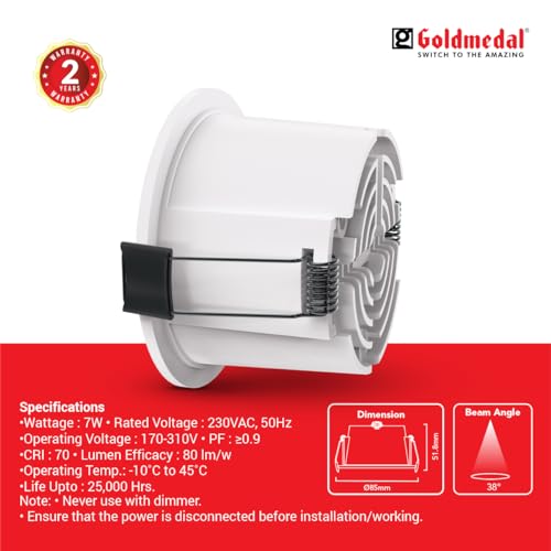 Image of Goldmedal Falcon 7W LED Round Downlight (WH+GB) for Home, Office & Shop - Neutral White (3000K) |Recessed Light for False Ceiling | Cut-Out: O75mm | Body Colour: White | for Indoor Application