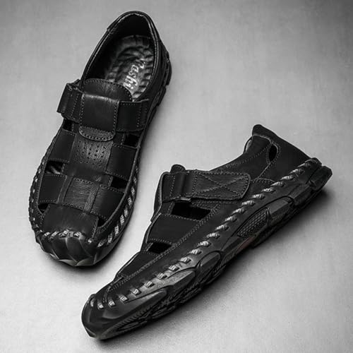 MILDSEVEN Classics Men's Outdoor Business Backpacking Sandals, Fashion Closed Toe Hiking Sandals, Breathable Handmade Sports Beach Shoes,10,Black